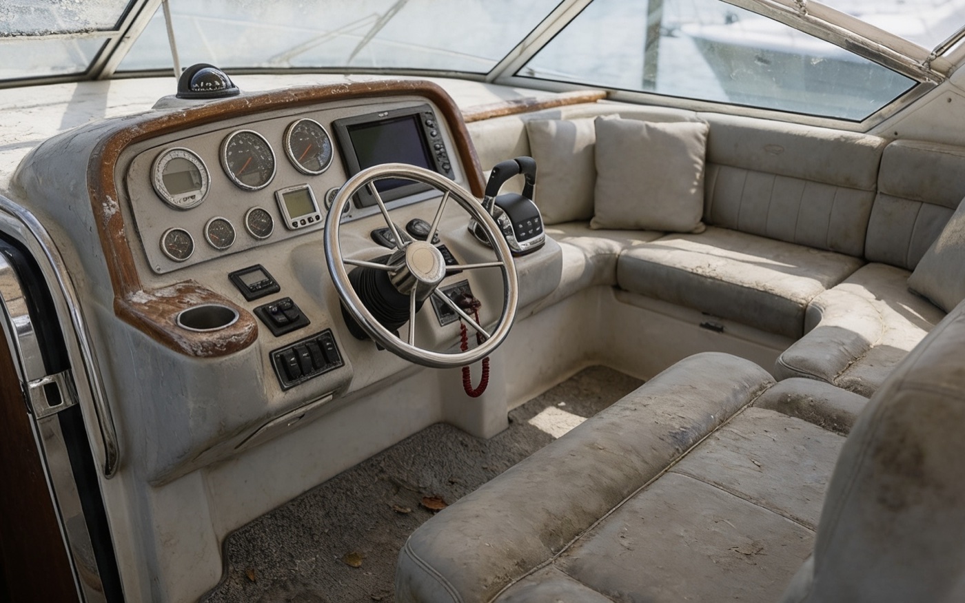 Dirty neglected boat cockpit before detailing