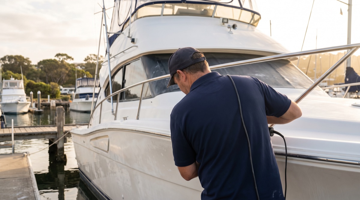 Detailer working on a flybridge cruiser at golden hour