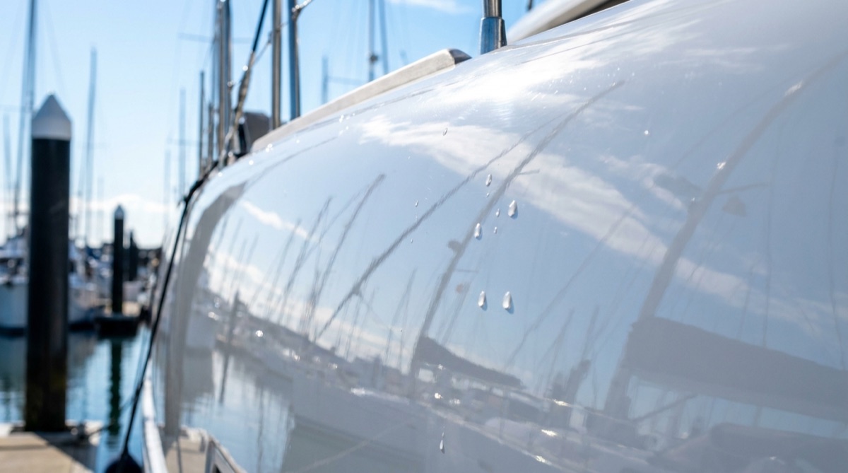 Polished white hull reflecting the sky at a marina